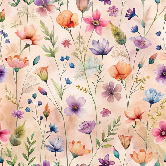 watercolor flowers, wildflowers, botanical pattern, pastel pink, coral orange, lavender purple, soft blue, sage green, delicate stems, meadow flowers, whimsical florals, quilting cotton, fabric panel, spring blooms, feminine design, scattered florals, translucent petals, garden botanicals, crafting material, soft background