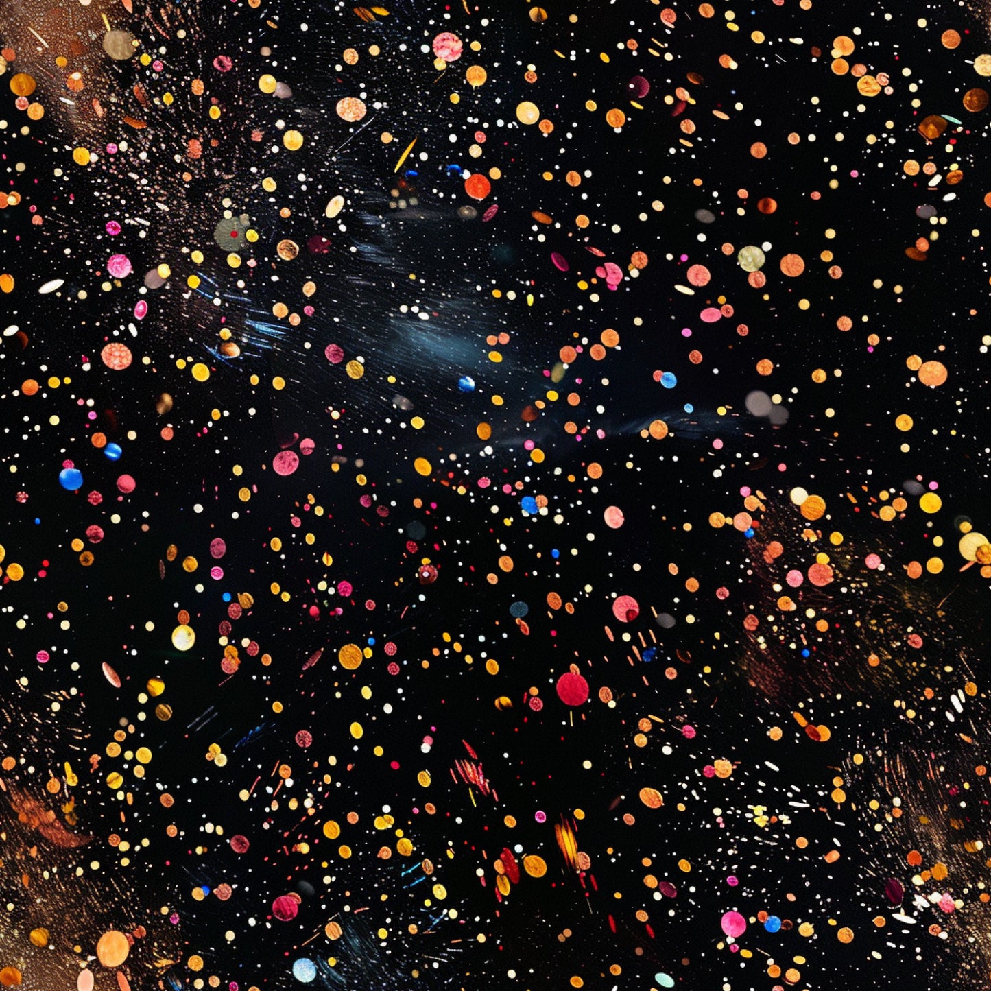 black background, paint splatter, multicolored dots, orange circles, pink spots, yellow droplets, blue accents, white speckles, red splashes, glitter effect, abstract pattern, cosmic design, space-like, scattered circles, artistic splatter, vibrant colors, quilting cotton, fabric panel, contemporary art, modern design