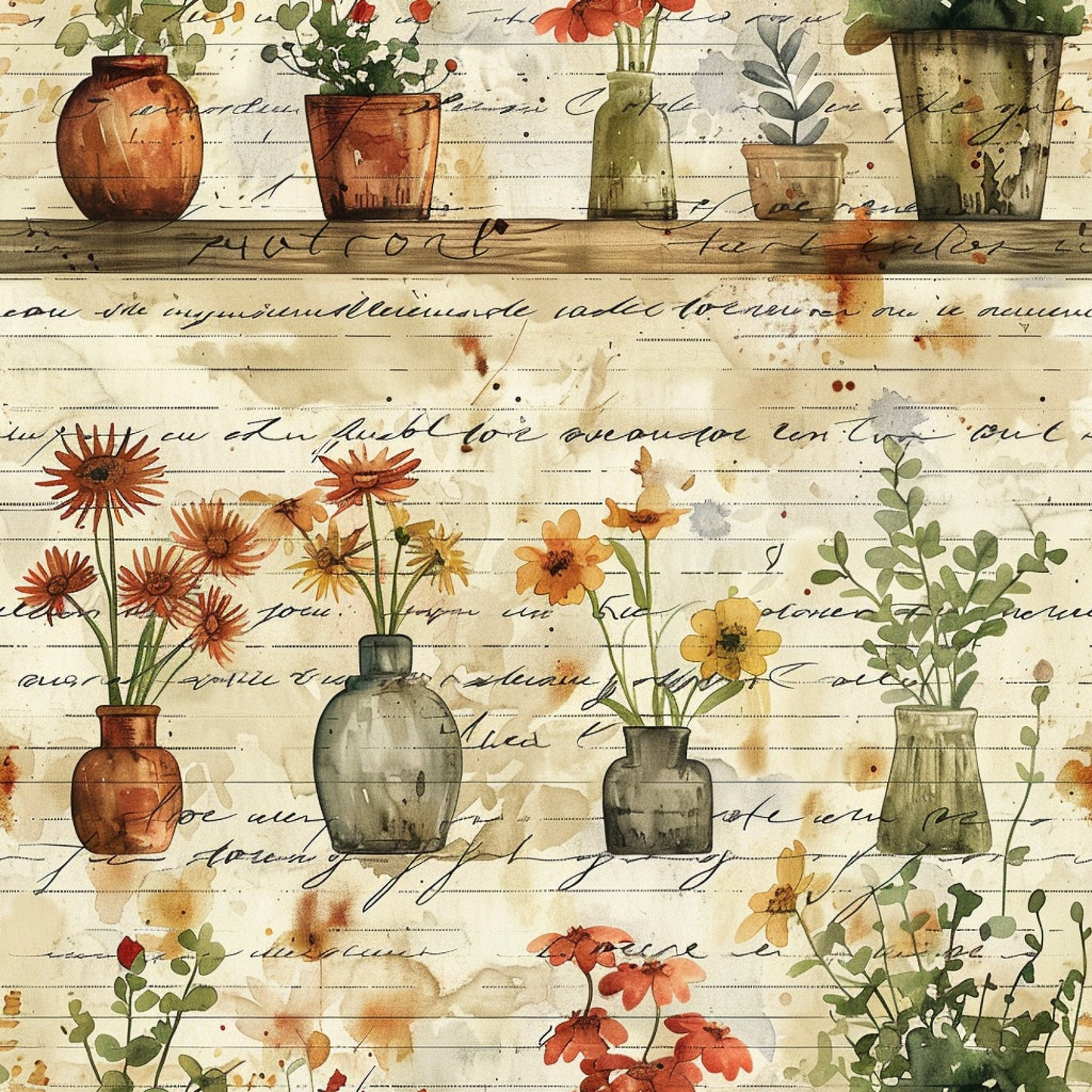 watercolor style, botanical illustration, flower vases, potted plants, vintage jars, cursive script, aged paper, neutral tones, terracotta, sage green, amber, cream background, garden flowers, wildflowers, eucalyptus leaves, cottage core, quilting cotton, fabric panel, rustic charm, floral arrangement