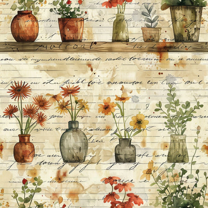 watercolor style, botanical illustration, flower vases, potted plants, vintage jars, cursive script, aged paper, neutral tones, terracotta, sage green, amber, cream background, garden flowers, wildflowers, eucalyptus leaves, cottage core, quilting cotton, fabric panel, rustic charm, floral arrangement