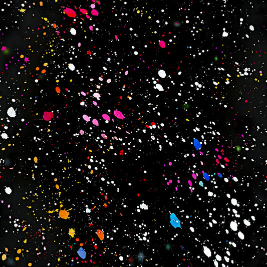 black background, paint splatter, multicolored dots, white speckles, pink splatters, yellow drops, orange paint, blue accents, red spots, purple splashes, green dots, abstract pattern, modern design, artistic style, quilting cotton, fabric panel, contemporary art, colorful explosion, random splatter, vibrant colors