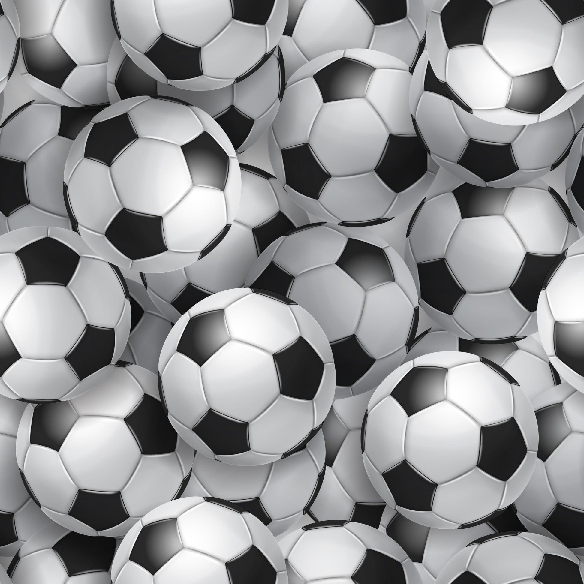 soccer balls, football pattern, black and white, realistic design, sports theme, geometric shapes, repeating pattern, quilting cotton, fabric panel, athletic motif, monochrome, spherical objects, pentagons, hexagons, dimensional appearance, overlapping balls, sports equipment, soccer theme, cotton fabric, craft material