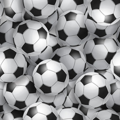 soccer balls, football pattern, black and white, realistic design, sports theme, geometric shapes, repeating pattern, quilting cotton, fabric panel, athletic motif, monochrome, spherical objects, pentagons, hexagons, dimensional appearance, overlapping balls, sports equipment, soccer theme, cotton fabric, craft material
