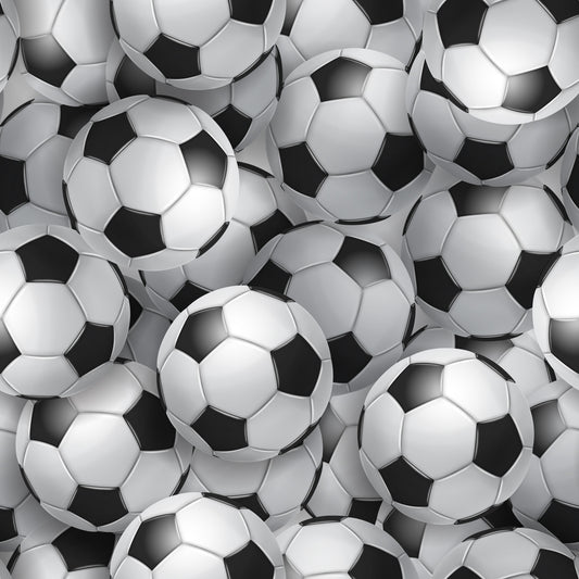 soccer balls, football pattern, black and white, realistic design, sports theme, geometric shapes, repeating pattern, quilting cotton, fabric panel, athletic motif, monochrome, spherical objects, pentagons, hexagons, dimensional appearance, overlapping balls, sports equipment, soccer theme, cotton fabric, craft material