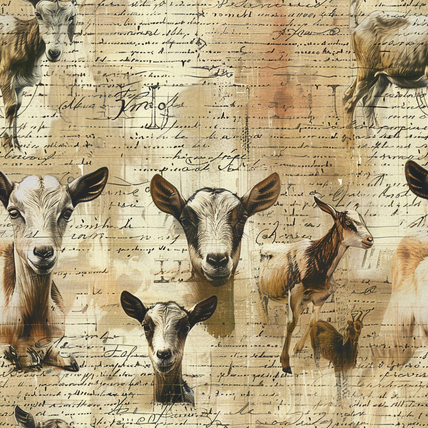 beige, cream, brown, sepia tones, goats, farm animals, vintage script, handwritten text, aged paper, rustic, pastoral, country life, quilting cotton, fabric panel, farmhouse style, livestock, animal portraits, weathered appearance, antique manuscript, rural theme