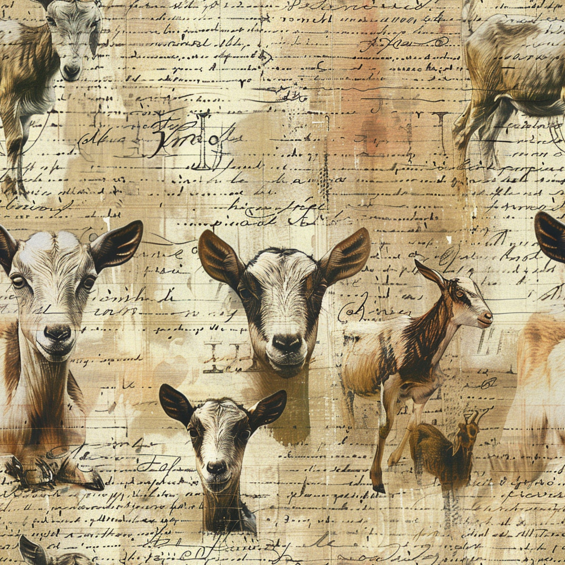 beige, cream, brown, sepia tones, goats, farm animals, vintage script, handwritten text, aged paper, rustic, pastoral, country life, quilting cotton, fabric panel, farmhouse style, livestock, animal portraits, weathered appearance, antique manuscript, rural theme