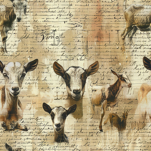 beige, cream, brown, sepia tones, goats, farm animals, vintage script, handwritten text, aged paper, rustic, pastoral, country life, quilting cotton, fabric panel, farmhouse style, livestock, animal portraits, weathered appearance, antique manuscript, rural theme