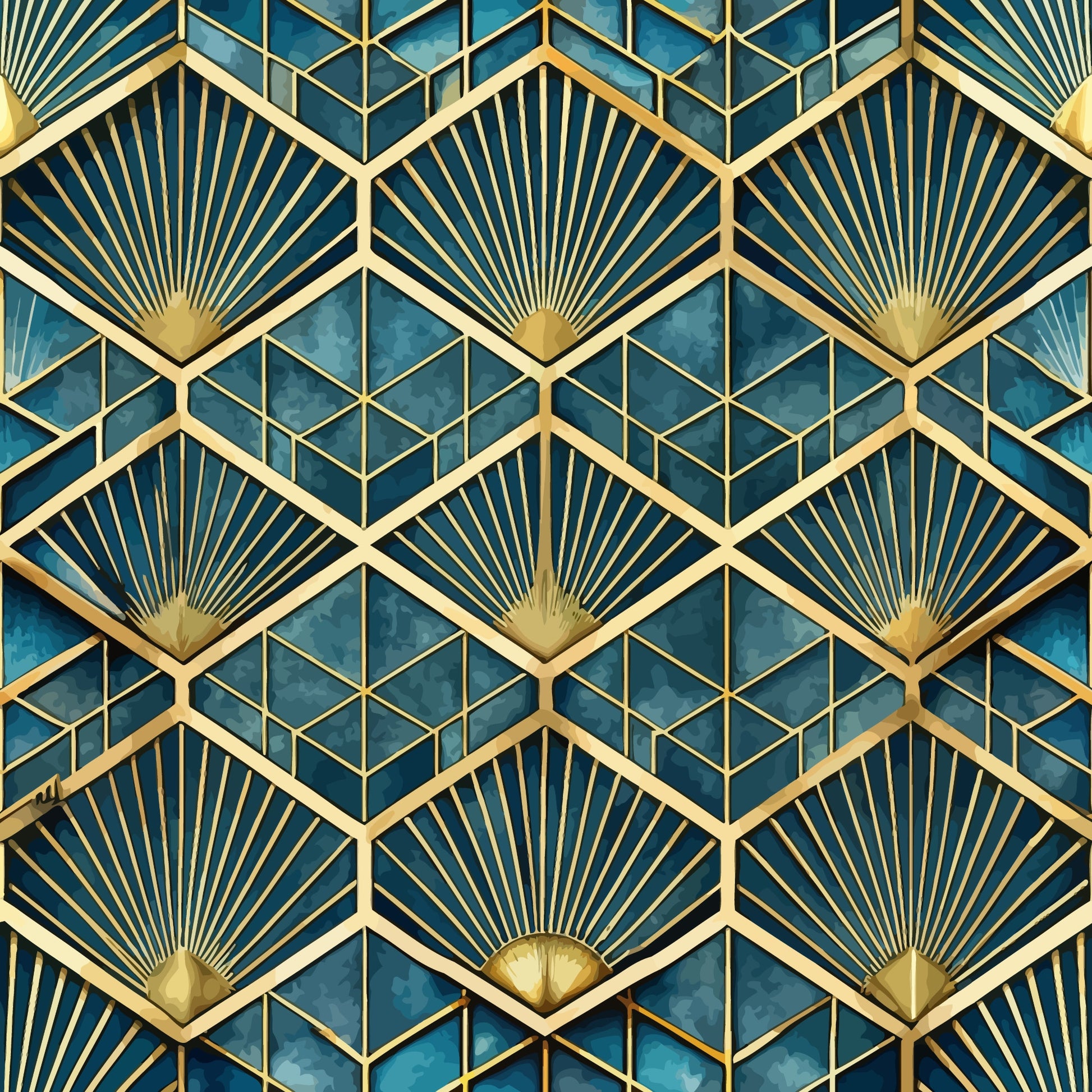 art deco, geometric pattern, teal blue, navy blue, gold accents, fan motifs, sunburst design, hexagonal shapes, radiating lines, metallic gold, peacock blue, luxury pattern, 1920s style, vintage inspired, quilting cotton, fabric panel, repeating pattern, decorative motifs, angular design, sophisticated palette