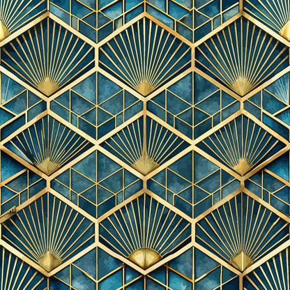 art deco, geometric pattern, teal blue, navy blue, gold accents, fan motifs, sunburst design, hexagonal shapes, radiating lines, metallic gold, peacock blue, luxury pattern, 1920s style, vintage inspired, quilting cotton, fabric panel, repeating pattern, decorative motifs, angular design, sophisticated palette