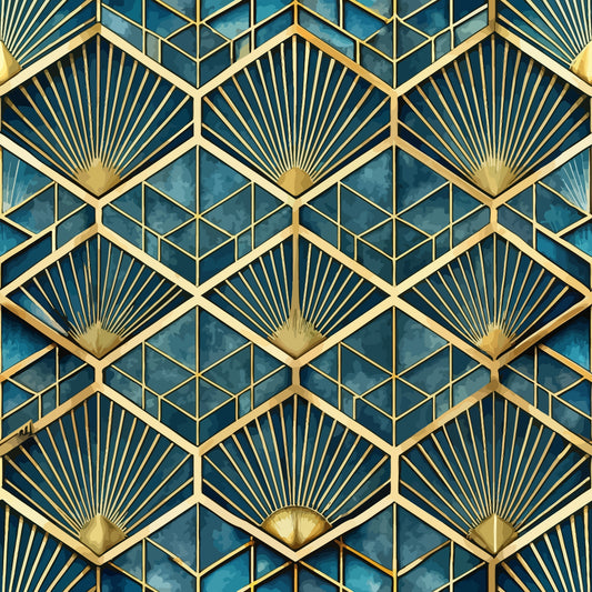 art deco, geometric pattern, teal blue, navy blue, gold accents, fan motifs, sunburst design, hexagonal shapes, radiating lines, metallic gold, peacock blue, luxury pattern, 1920s style, vintage inspired, quilting cotton, fabric panel, repeating pattern, decorative motifs, angular design, sophisticated palette