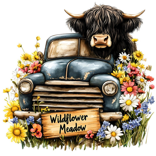 Highland Cows in Vintage Trucks Fabric Panel 9