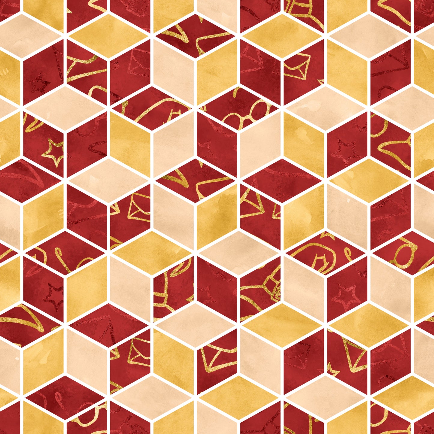 burgundy, gold, cream, beige, hexagonal pattern, geometric design, magical symbols, wizard icons, stars, potions, mystical elements, quilting cotton, fabric panel, honeycomb layout, dimensional cubes, fantasy theme, school supplies, spell components, warm tones, tessellated pattern