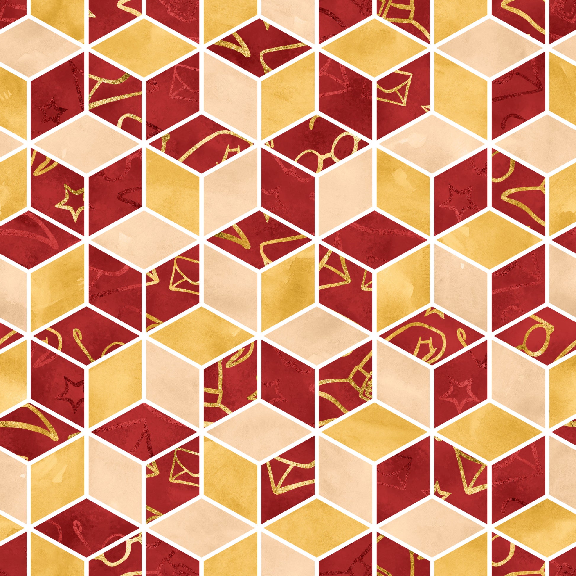 burgundy, gold, cream, beige, hexagonal pattern, geometric design, magical symbols, wizard icons, stars, potions, mystical elements, quilting cotton, fabric panel, honeycomb layout, dimensional cubes, fantasy theme, school supplies, spell components, warm tones, tessellated pattern