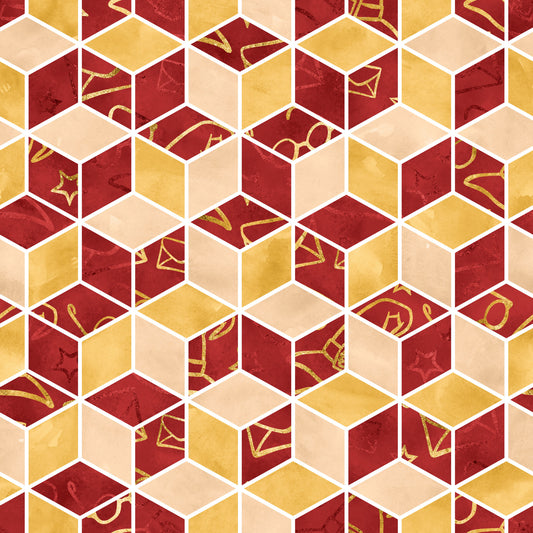 burgundy, gold, cream, beige, hexagonal pattern, geometric design, magical symbols, wizard icons, stars, potions, mystical elements, quilting cotton, fabric panel, honeycomb layout, dimensional cubes, fantasy theme, school supplies, spell components, warm tones, tessellated pattern