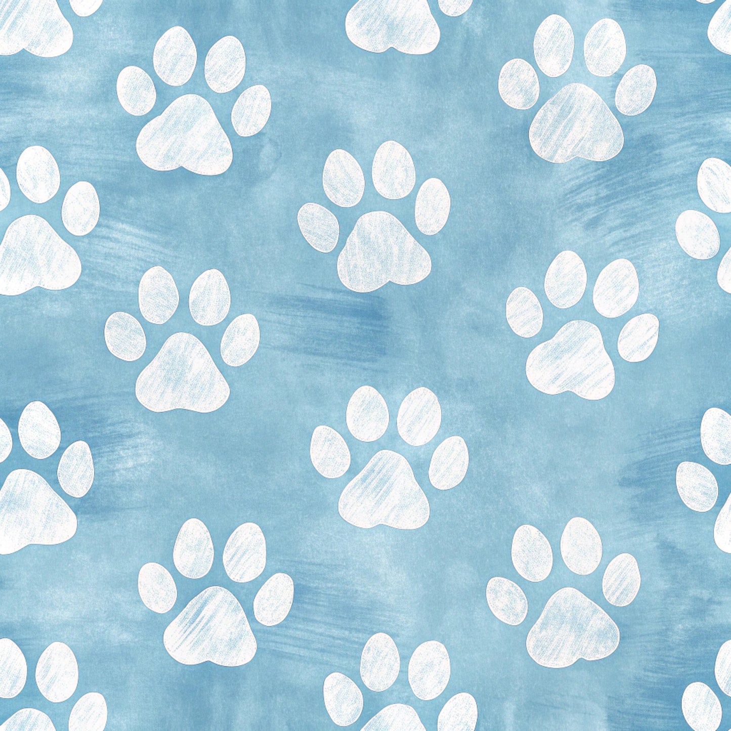 light blue, sky blue, white, paw prints, dog paws, animal tracks, scattered pattern, repeating design, pet theme, watercolor style, soft texture, quilting cotton, fabric panel, playful mood, whimsical design, four-toe prints, brushed background, pastel colors, crafting material, sewing fabric