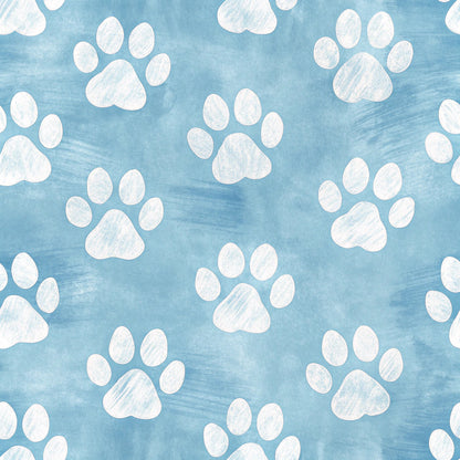 light blue, sky blue, white, paw prints, dog paws, animal tracks, scattered pattern, repeating design, pet theme, watercolor style, soft texture, quilting cotton, fabric panel, playful mood, whimsical design, four-toe prints, brushed background, pastel colors, crafting material, sewing fabric
