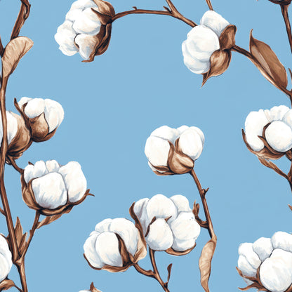 sky blue, white cotton, brown stems, cotton bolls, botanical pattern, cotton plants, quilting cotton, fabric panel, nature motif, soft blue background, raw cotton, agricultural theme, plant illustration, cotton field, natural fibers, botanical design, cotton harvest, farmhouse style, organic cotton, country theme