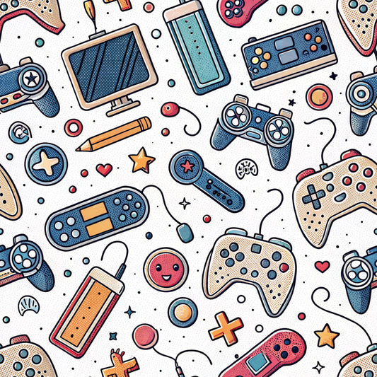 gaming controllers, video game pattern, retro controllers, handheld consoles, blue tones, coral pink, cream background, orange accents, stars and hearts, geometric shapes, modern illustration style, pop art aesthetic, digital entertainment theme, quilting cotton, fabric panel, gaming motifs, controller buttons, playful design, contemporary pattern, tech accessories