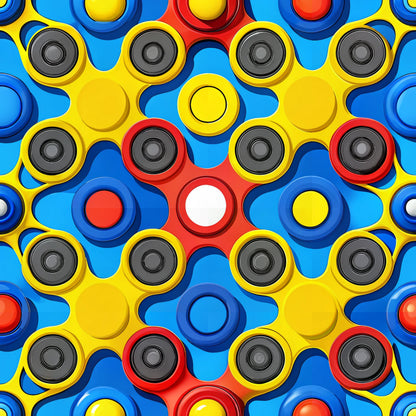 fidget spinners, yellow, blue, red, white, gray, geometric pattern, toy design, spinning toys, repetitive motif, bright colors, primary colors, circular shapes, modern pattern, playful design, quilting cotton, fabric panel, children's fabric, contemporary style, trendy motif