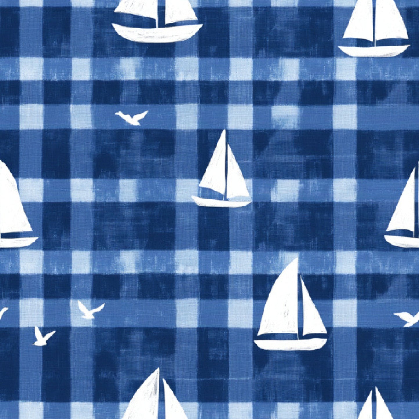 blue, white, sailboats, seagulls, gingham, checkered pattern, nautical, maritime, ocean theme, quilting cotton, fabric panel, sailing boats, birds in flight, navy blue, light blue, geometric checks, coastal design, summer theme, watercraft, marine motifs