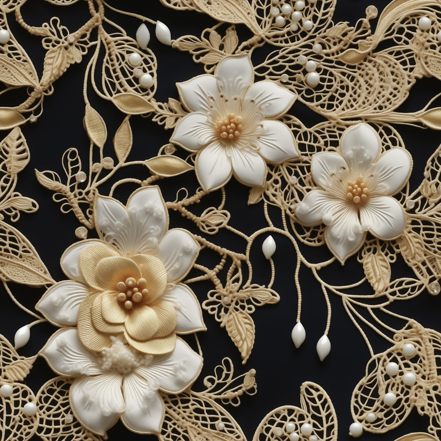 cream, ivory, beige, black background, tatting lace, floral motifs, intricate flowers, delicate petals, lace pattern, ornate design, vintage style, elegant, sophisticated, quilting cotton, fabric panel, dimensional flowers, textured appearance, romantic, feminine, decorative stitching