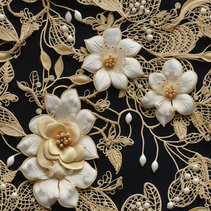 cream, ivory, beige, black background, tatting lace, floral motifs, intricate flowers, delicate petals, lace pattern, ornate design, vintage style, elegant, sophisticated, quilting cotton, fabric panel, dimensional flowers, textured appearance, romantic, feminine, decorative stitching