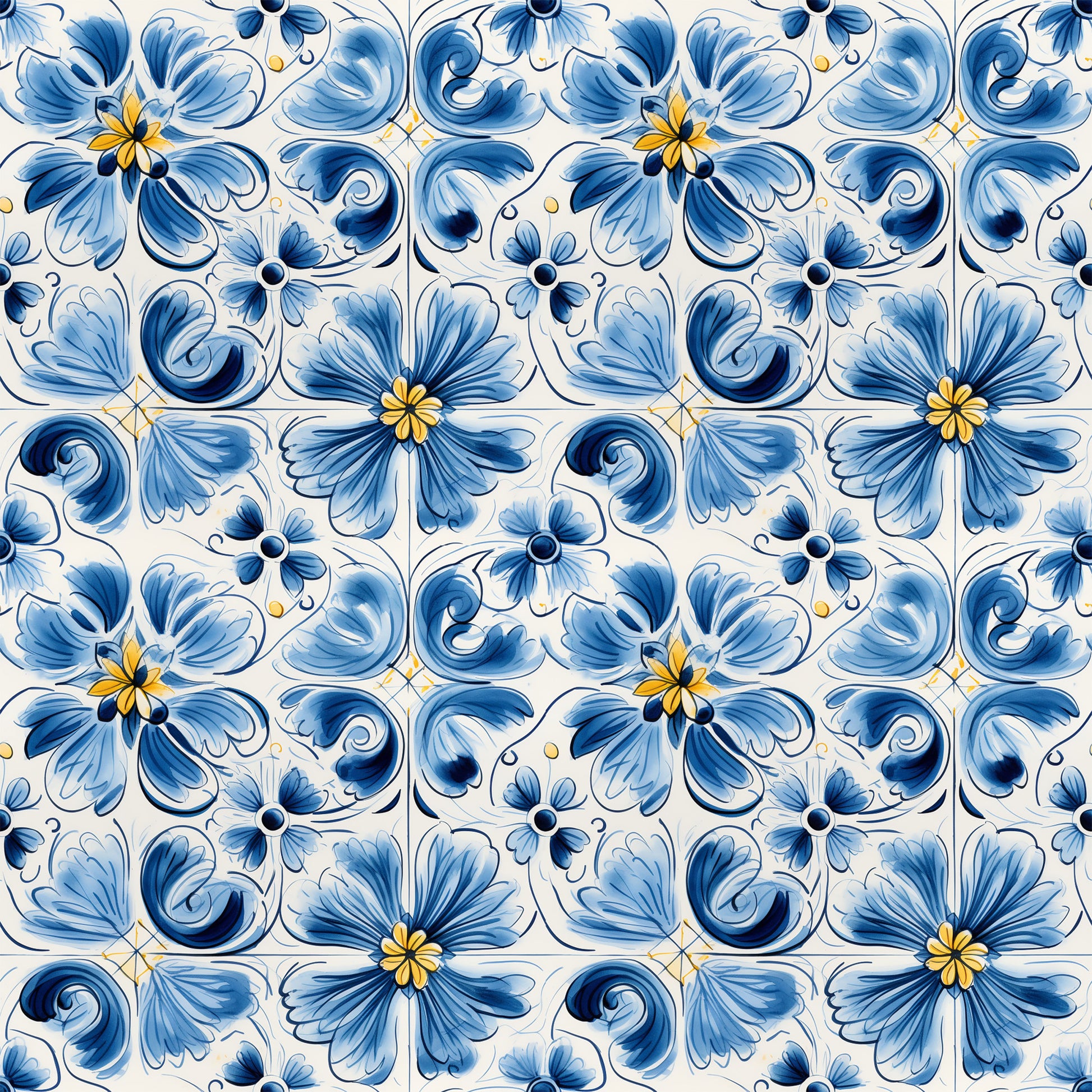 blue, white, handpainted, tiles, floral motifs, decorative flowers, swirls, scrollwork, ceramic inspired, portuguese style, mediterranean pattern, ornamental design, quilting cotton, fabric panel, botanical elements, yellow accents, navy blue, light blue, repeating pattern, artistic brushstrokes