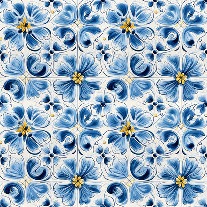 blue, white, handpainted, tiles, floral motifs, decorative flowers, swirls, scrollwork, ceramic inspired, portuguese style, mediterranean pattern, ornamental design, quilting cotton, fabric panel, botanical elements, yellow accents, navy blue, light blue, repeating pattern, artistic brushstrokes