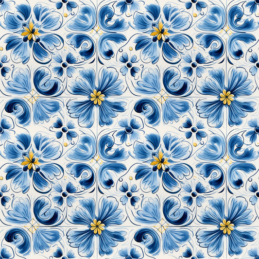 blue, white, handpainted, tiles, floral motifs, decorative flowers, swirls, scrollwork, ceramic inspired, portuguese style, mediterranean pattern, ornamental design, quilting cotton, fabric panel, botanical elements, yellow accents, navy blue, light blue, repeating pattern, artistic brushstrokes