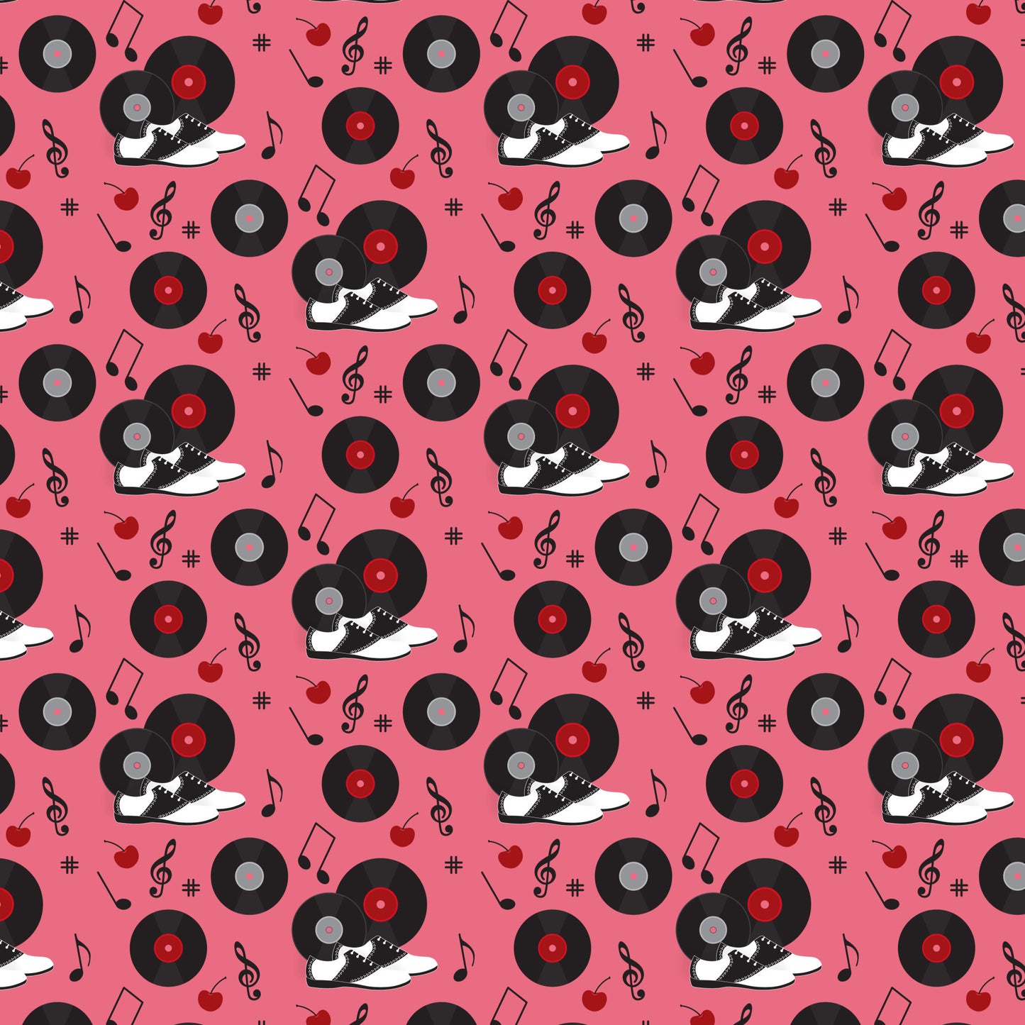 pink background, black vinyl records, red records, saddle shoes, black and white shoes, musical notes, treble clef, cherry motifs, red cherries, retro 50s style, diner theme, rockabilly pattern, music themed, quilting cotton, fabric panel, nostalgic design, vintage inspired, repeating pattern, sock hop style, jukebox era
