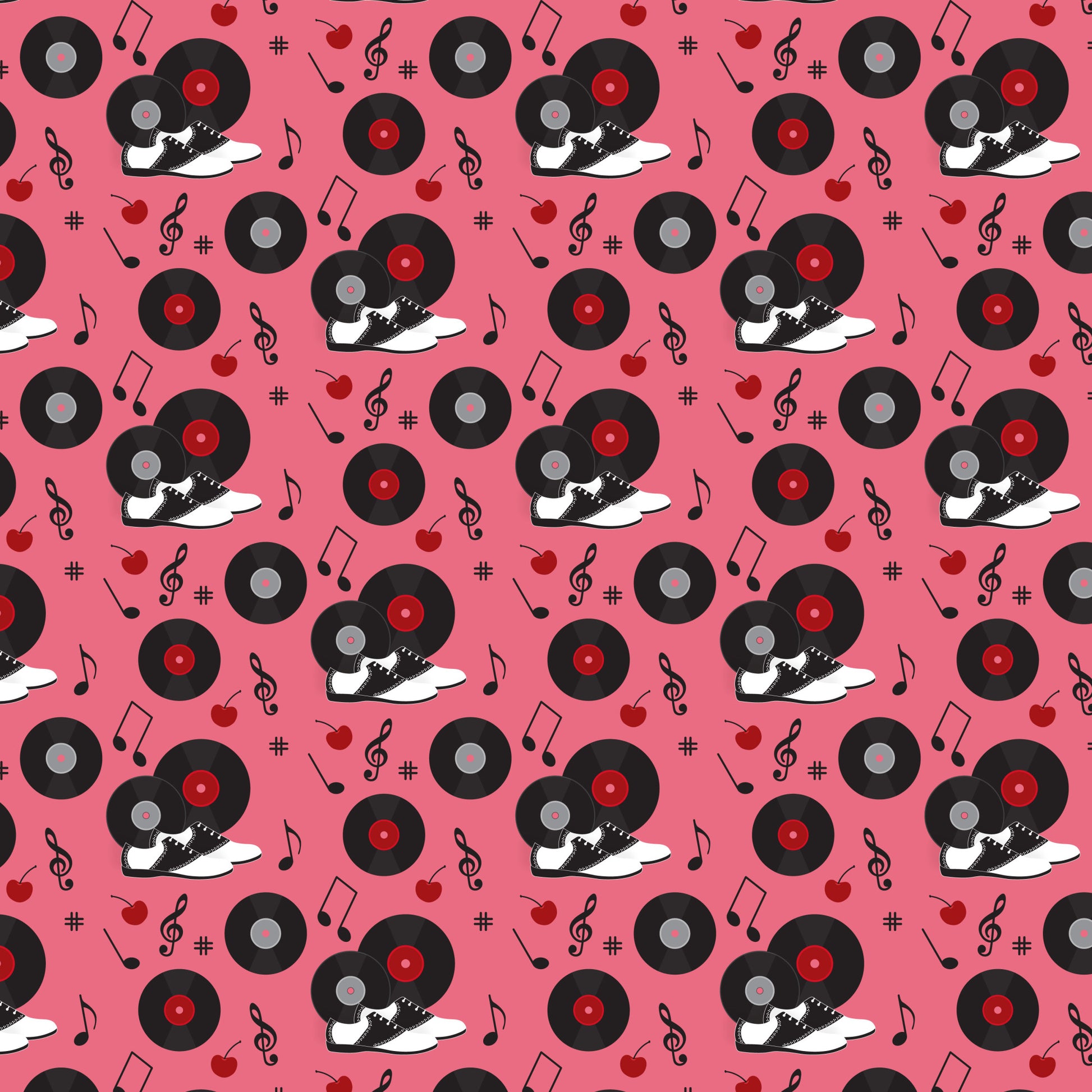 pink background, black vinyl records, red records, saddle shoes, black and white shoes, musical notes, treble clef, cherry motifs, red cherries, retro 50s style, diner theme, rockabilly pattern, music themed, quilting cotton, fabric panel, nostalgic design, vintage inspired, repeating pattern, sock hop style, jukebox era