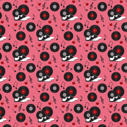 pink background, black vinyl records, red records, saddle shoes, black and white shoes, musical notes, treble clef, cherry motifs, red cherries, retro 50s style, diner theme, rockabilly pattern, music themed, quilting cotton, fabric panel, nostalgic design, vintage inspired, repeating pattern, sock hop style, jukebox era