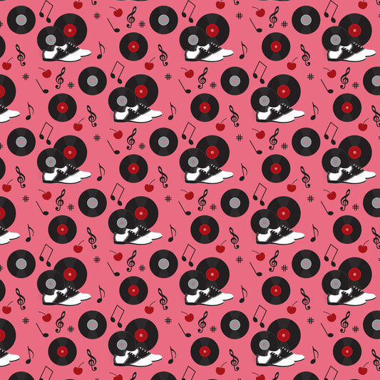 pink background, black vinyl records, red records, saddle shoes, black and white shoes, musical notes, treble clef, cherry motifs, red cherries, retro 50s style, diner theme, rockabilly pattern, music themed, quilting cotton, fabric panel, nostalgic design, vintage inspired, repeating pattern, sock hop style, jukebox era