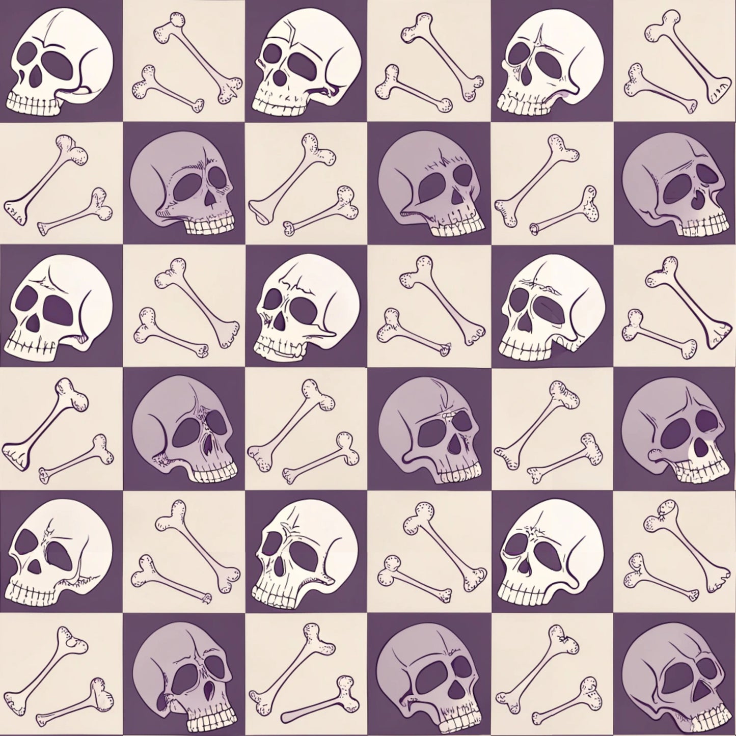 purple, beige, cream, checkered pattern, skulls, crossbones, bones, gothic style, spooky motif, halloween theme, retro aesthetic, vintage inspired, alternating squares, quilting cotton, fabric panel, macabre design, anatomical elements, death imagery, october themed, horror motifs