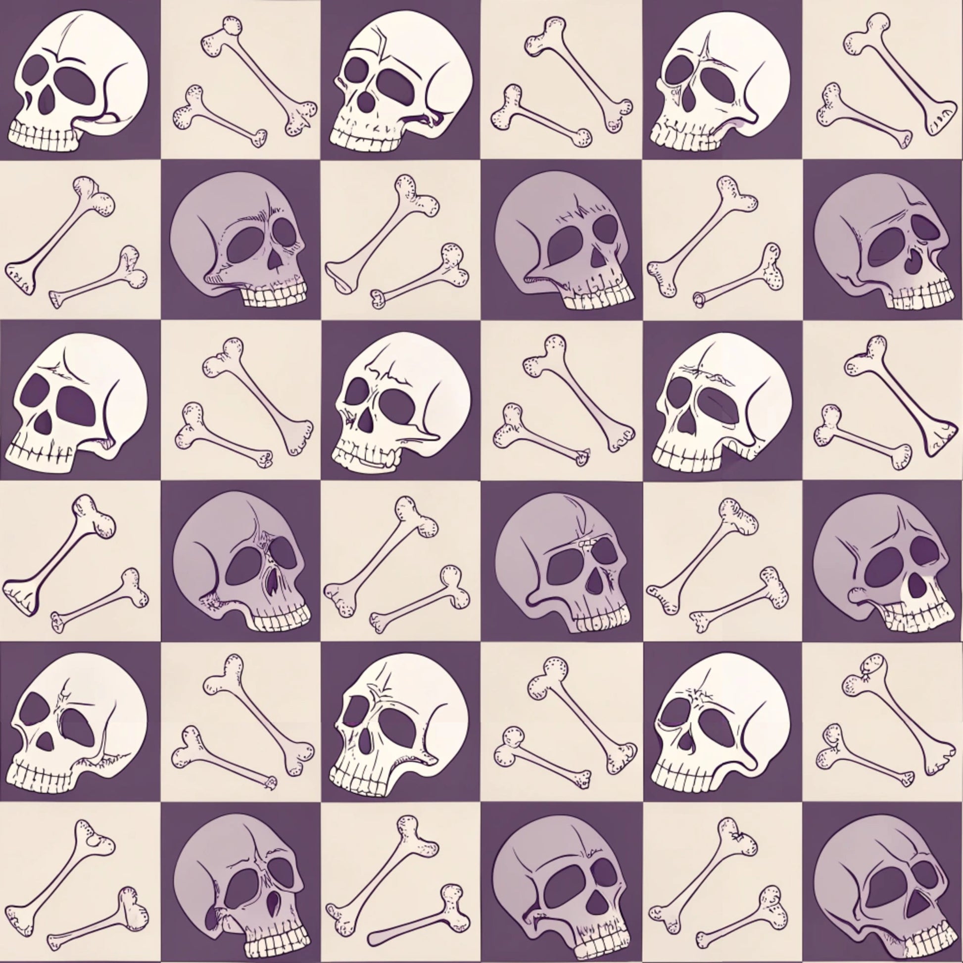 purple, beige, cream, checkered pattern, skulls, crossbones, bones, gothic style, spooky motif, halloween theme, retro aesthetic, vintage inspired, alternating squares, quilting cotton, fabric panel, macabre design, anatomical elements, death imagery, october themed, horror motifs