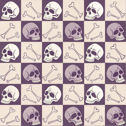 purple, beige, cream, checkered pattern, skulls, crossbones, bones, gothic style, spooky motif, halloween theme, retro aesthetic, vintage inspired, alternating squares, quilting cotton, fabric panel, macabre design, anatomical elements, death imagery, october themed, horror motifs