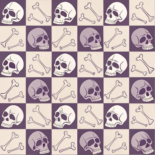 purple, beige, cream, checkered pattern, skulls, crossbones, bones, gothic style, spooky motif, halloween theme, retro aesthetic, vintage inspired, alternating squares, quilting cotton, fabric panel, macabre design, anatomical elements, death imagery, october themed, horror motifs