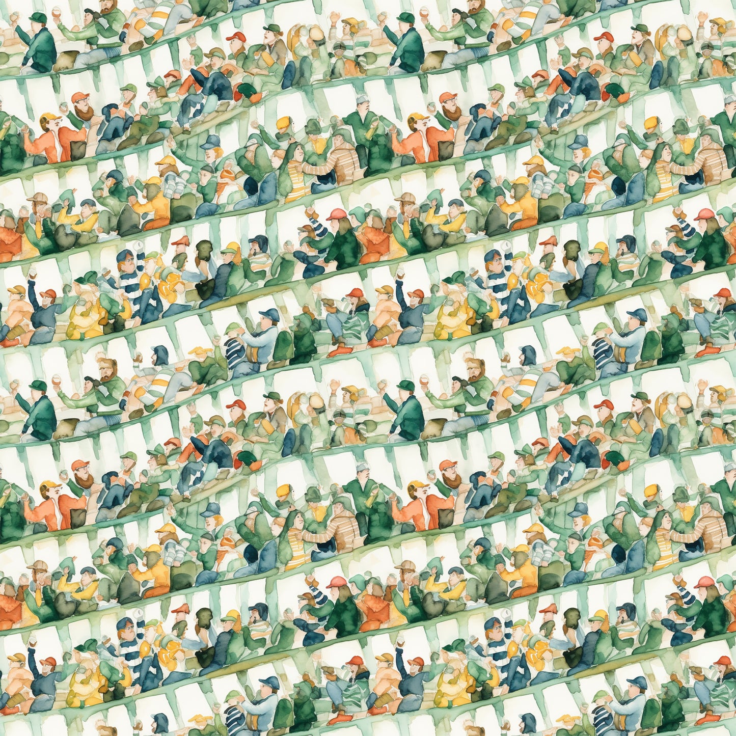 watercolor, football stadium, crowd scene, spectators, green, orange, yellow, blue, beige, quilting cotton, fabric panel, sports theme, stadium seating, cheering fans, watercolor style, soft colors, repeating pattern, football fans, stadium atmosphere, muted tones