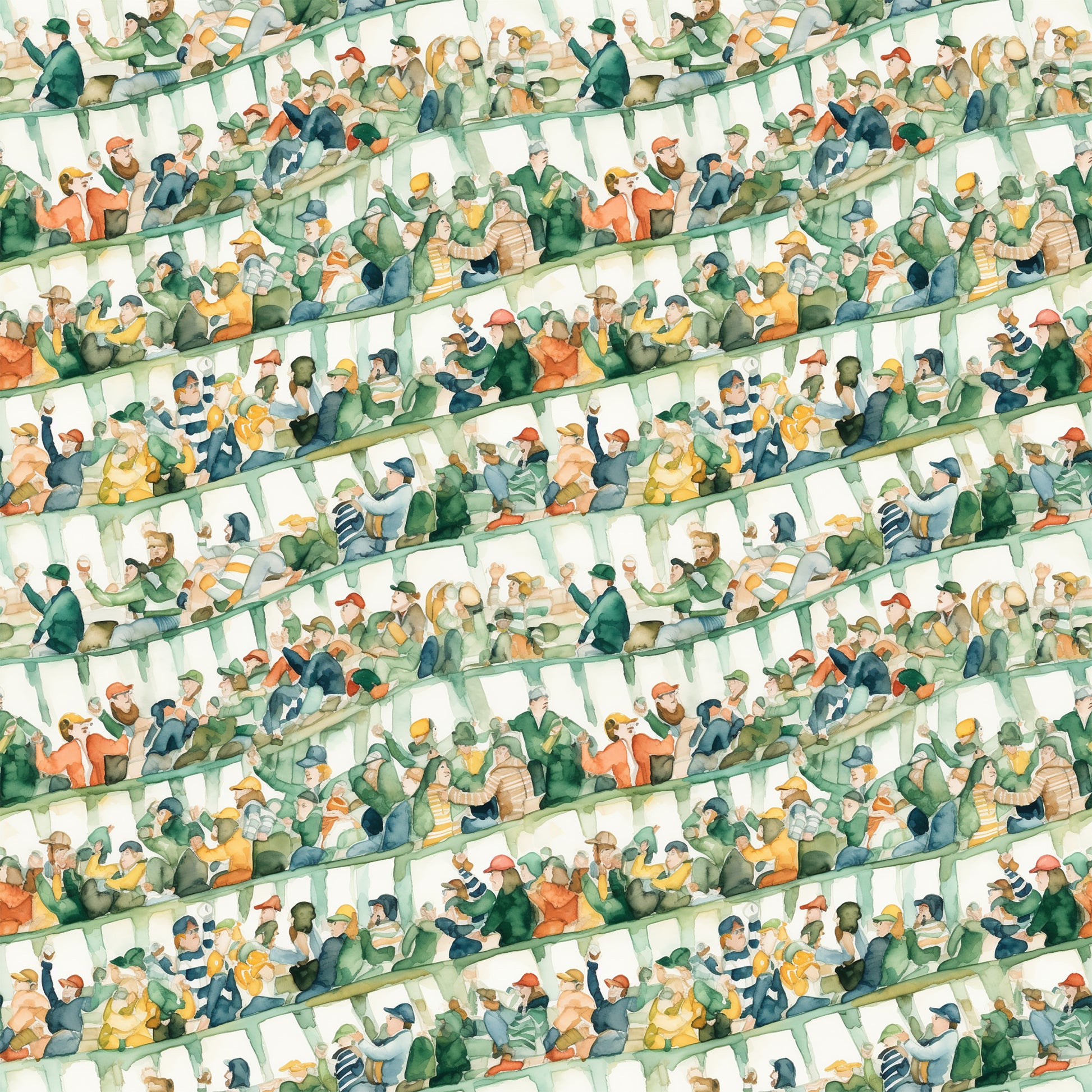 watercolor, football stadium, crowd scene, spectators, green, orange, yellow, blue, beige, quilting cotton, fabric panel, sports theme, stadium seating, cheering fans, watercolor style, soft colors, repeating pattern, football fans, stadium atmosphere, muted tones