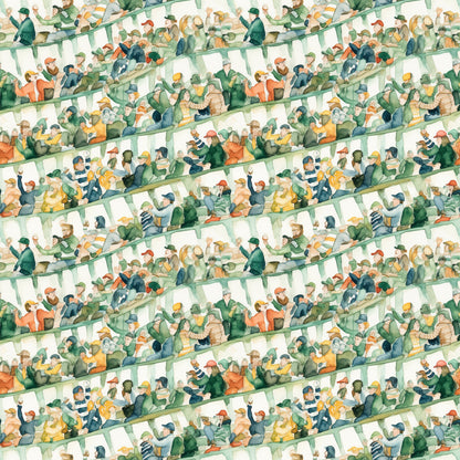 watercolor, football stadium, crowd scene, spectators, green, orange, yellow, blue, beige, quilting cotton, fabric panel, sports theme, stadium seating, cheering fans, watercolor style, soft colors, repeating pattern, football fans, stadium atmosphere, muted tones