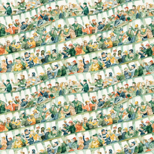 watercolor, football stadium, crowd scene, spectators, green, orange, yellow, blue, beige, quilting cotton, fabric panel, sports theme, stadium seating, cheering fans, watercolor style, soft colors, repeating pattern, football fans, stadium atmosphere, muted tones