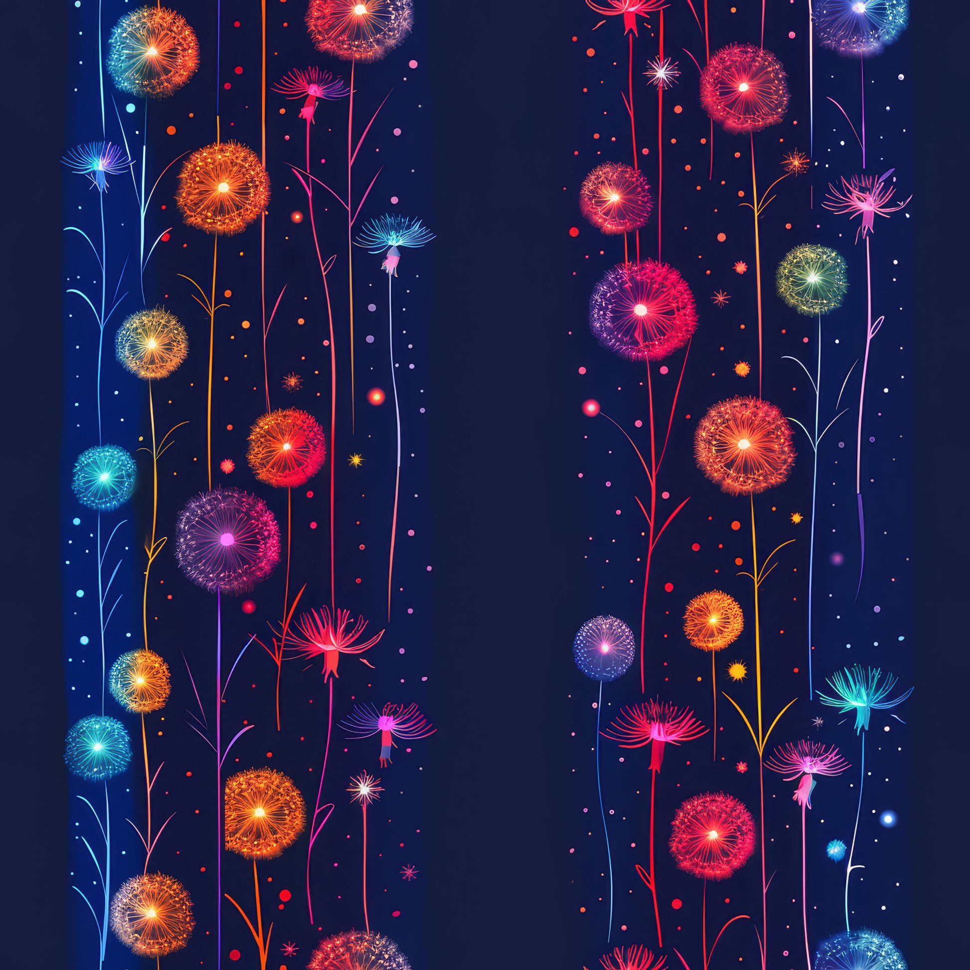 midnight blue, dandelion seeds, fireworks pattern, navy background, orange bursts, pink explosions, turquoise accents, purple blooms, scattered sparkles, whimsical florals, cotton fabric, quilting panel, botanical design, seed heads, colorful bursts, dark night sky, magical garden, fabric crafting, bright pops, starlike patterns