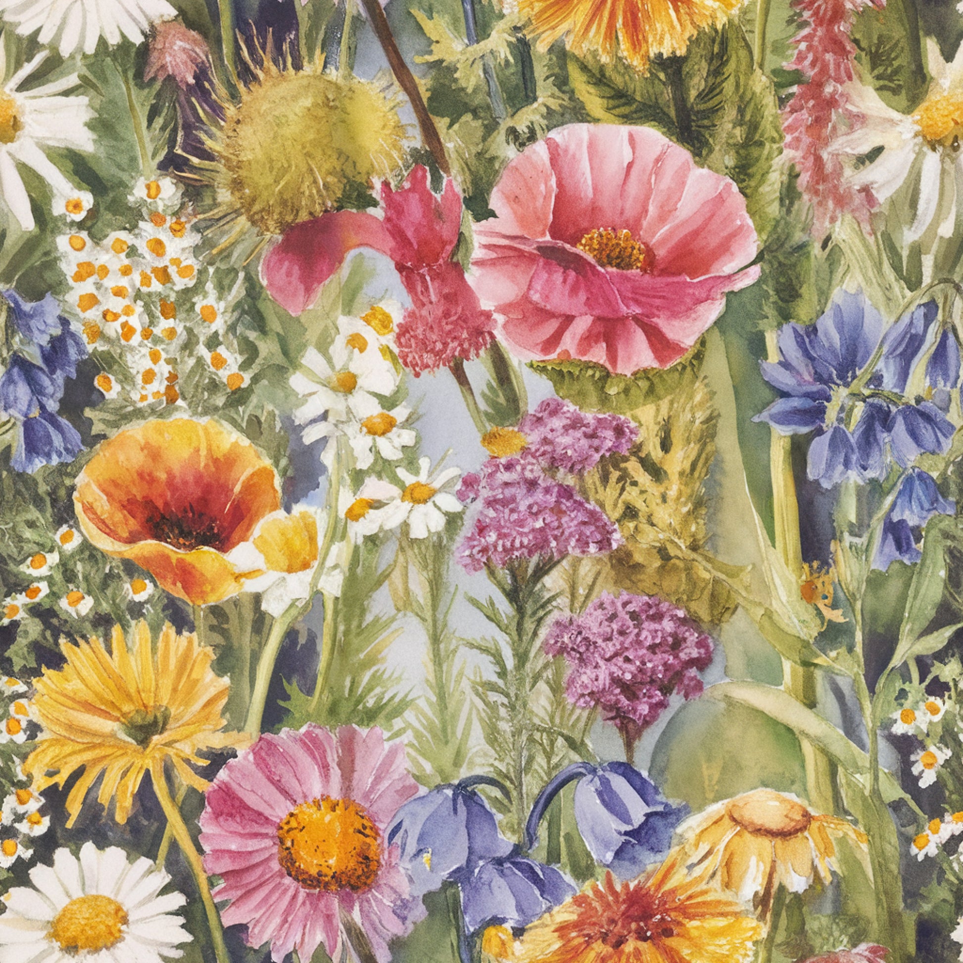 wildflower, botanical, floral pattern, pink poppies, yellow daisies, white flowers, purple blooms, orange petals, green foliage, watercolor style, meadow flowers, nature motif, quilting cotton, fabric panel, spring flowers, garden blooms, artistic florals, soft pastels, botanical illustration, whimsical florals