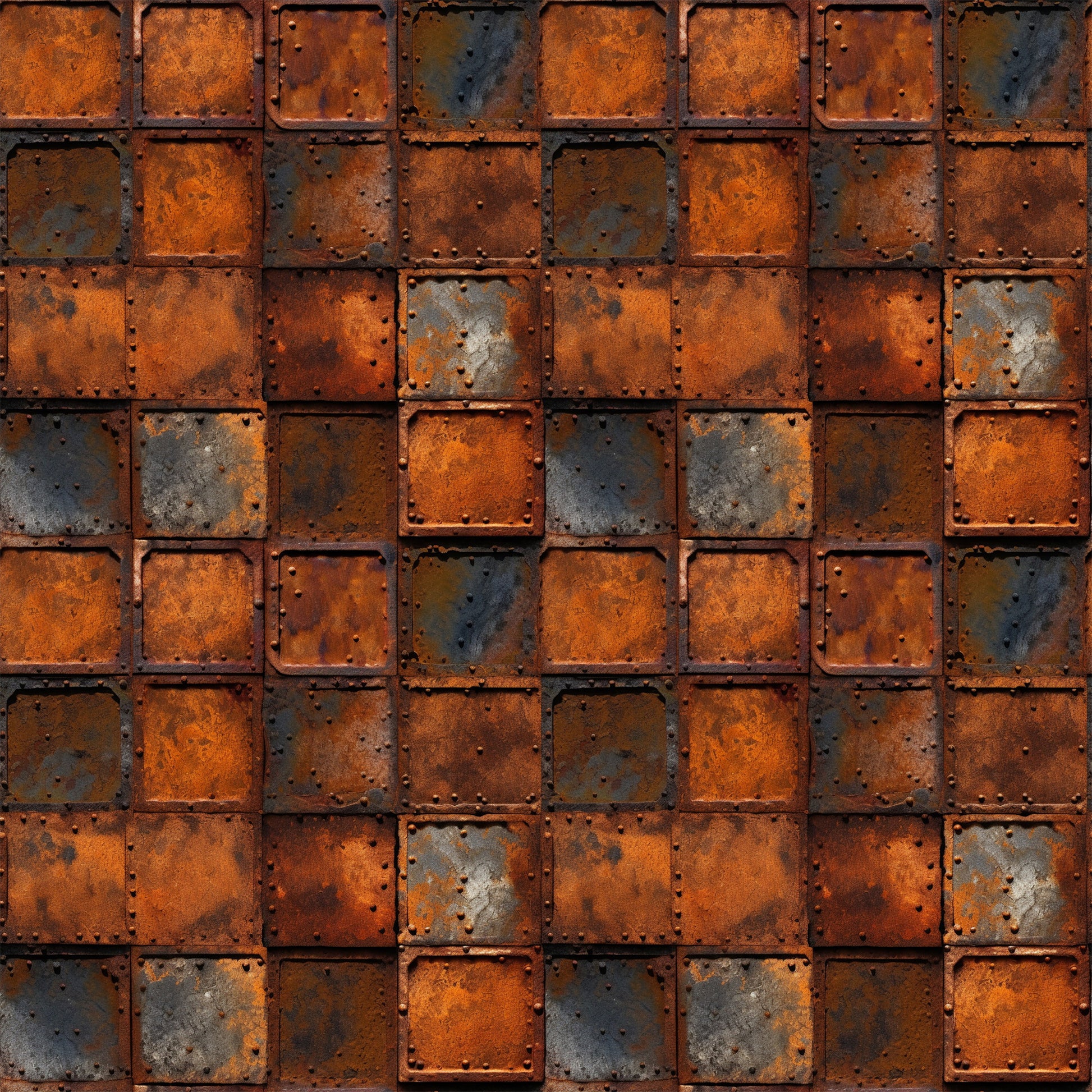 rust orange, burnt sienna, charcoal gray, weathered metal, industrial texture, distressed panels, geometric squares, oxidized surface, steampunk aesthetic, grunge pattern, metallic finish, aged iron, corrosion details, riveted squares, quilting cotton, fabric panel, mechanical design, vintage industrial, patina effect, gritty texture
