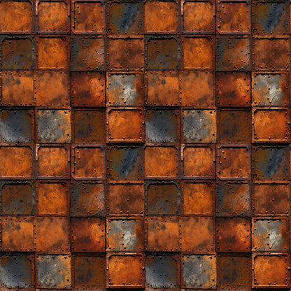 rust orange, burnt sienna, charcoal gray, weathered metal, industrial texture, distressed panels, geometric squares, oxidized surface, steampunk aesthetic, grunge pattern, metallic finish, aged iron, corrosion details, riveted squares, quilting cotton, fabric panel, mechanical design, vintage industrial, patina effect, gritty texture