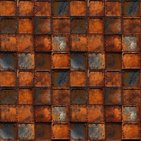 rust orange, burnt sienna, charcoal gray, weathered metal, industrial texture, distressed panels, geometric squares, oxidized surface, steampunk aesthetic, grunge pattern, metallic finish, aged iron, corrosion details, riveted squares, quilting cotton, fabric panel, mechanical design, vintage industrial, patina effect, gritty texture