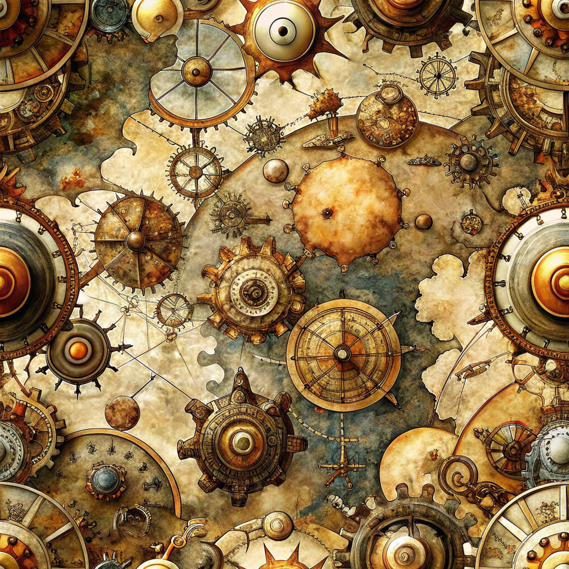 steampunk, vintage maps, gears, clockwork, mechanical wheels, compass roses, antique brass, copper tones, sepia brown, aged parchment, intricate machinery, victorian industrial, old world exploration, nautical compass, timepieces, weathered textures, quilting cotton, fabric panel, adventure theme