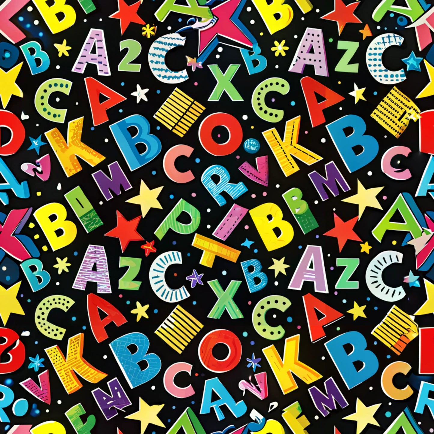 back to school, alphabet letters, numbers, black background, bright colors, yellow, red, blue, green, pink, purple, orange, stars, educational theme, scattered pattern, colorful letters, quilting cotton, fabric panel, children's fabric, school theme, learning motif, multicolored design