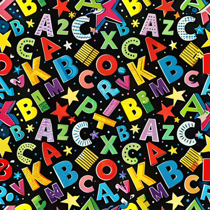 back to school, alphabet letters, numbers, black background, bright colors, yellow, red, blue, green, pink, purple, orange, stars, educational theme, scattered pattern, colorful letters, quilting cotton, fabric panel, children's fabric, school theme, learning motif, multicolored design