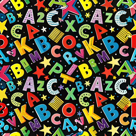 back to school, alphabet letters, numbers, black background, bright colors, yellow, red, blue, green, pink, purple, orange, stars, educational theme, scattered pattern, colorful letters, quilting cotton, fabric panel, children's fabric, school theme, learning motif, multicolored design